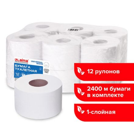 Бумага туалетная 200 м, LAIMA (T2), UNIVERSAL WHITE, 1-слойная, цвет белый, КОМПЛЕКТ 12 рулонов, 111335 Бумага туалетная 200 м, LAIMA (T2), UNIVERSAL WHITE, 1-слойная, цвет белый, КОМПЛЕКТ 12 рулонов, 111335