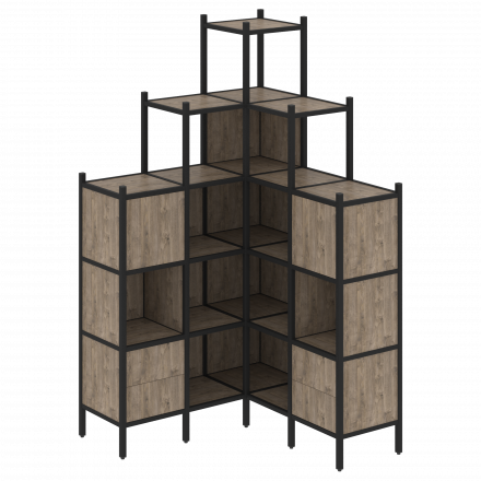 Loft Угловой внутренний стеллаж наборный VR.L-45 Тиквуд тёмный/Чёрный металл 1278*1278*2280