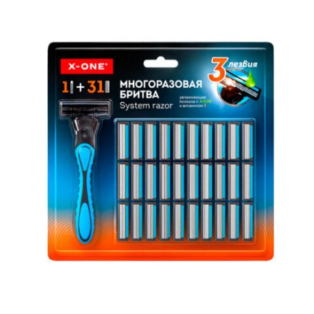 Бритвенный станок многоразовый мужской, 3 лезвия, 31 кассета, синий, X-ONE, 700024