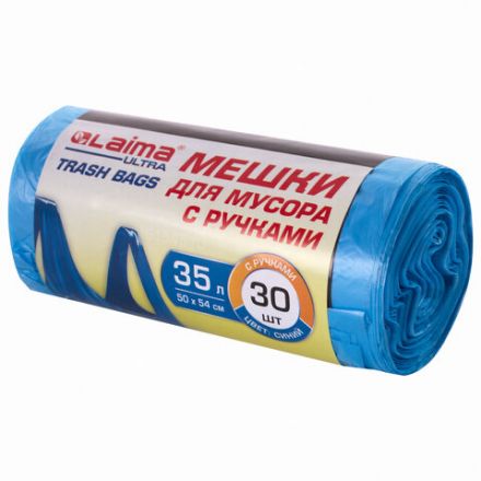 Мешки для мусора с ручками LAIMA ULTRA 35 л, синие 30 шт., прочные, ПНД 10 мкм, 50х54 см, 607683 Мешки для мусора с ручками LAIMA ULTRA 35 л, синие 30 шт., прочные, ПНД 10 мкм, 50х54 см, 607683