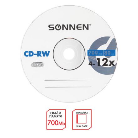 Диск CD-RW SONNEN, 700 Mb, 4-12x, Slim Case (1 штука), 512579