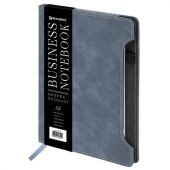 Блокнот А5 165x218 мм, BRAUBERG "Perfect", под кожу софт-тач, держатель для ручки, 80 листов, клетка, серо-синий, 116618