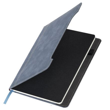 Блокнот А5 165x218 мм, BRAUBERG "Perfect", под кожу софт-тач, держатель для ручки, 80 листов, клетка, серо-синий, 116618