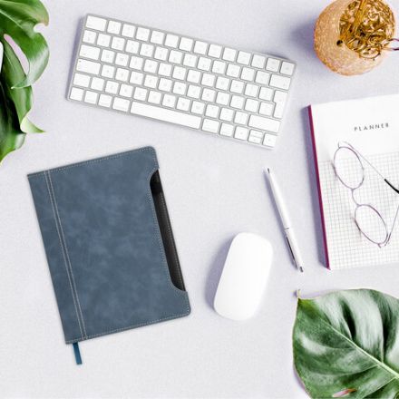 Блокнот А5 165x218 мм, BRAUBERG "Perfect", под кожу софт-тач, держатель для ручки, 80 листов, клетка, серо-синий, 116618