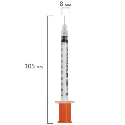 Шприц инсулиновый SFM, 1 мл, КОМПЛЕКТ 10 шт., в пакете, U-100 игла несъемная 0,3х8 мм - 30G, 534253
