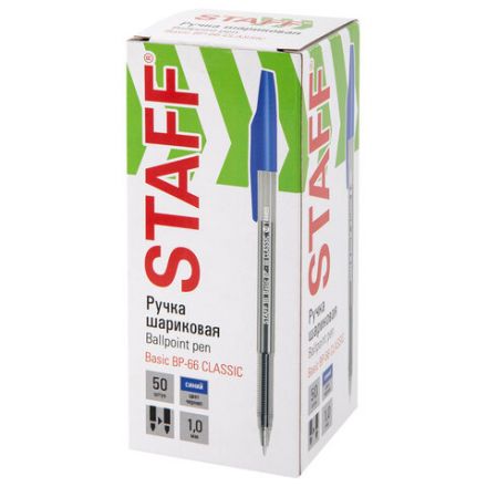 Ручка шариковая STAFF "Basic BP-66 CLASSIC", СИНЯЯ, корпус прозрачный, узел 1 мм, линия письма 0,5 мм, 144455