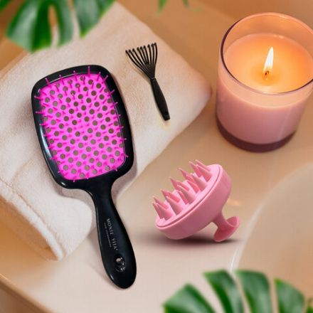 Расческа для волос массажная 20х8,5 см, массажер и щетка для чистки В ПОДАРОК, черная/розовая, MONTE VITA (МОНТЕ ВИТА), 457430