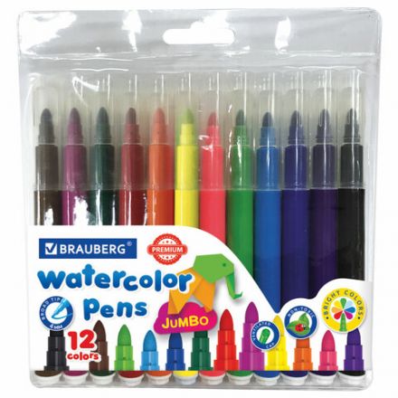 Фломастеры утолщенные 12 цветов, вентилируемый колпачок, BRAUBERG "PREMIUM", ПВХ-упаковка, 152196