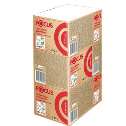 Полотенца бумажные 200 шт., FOCUS (Система H2) Premium, 2-слойные белые, КОМПЛЕКТ 12 пачек, 24х20 см, Z-сложение, 5083775