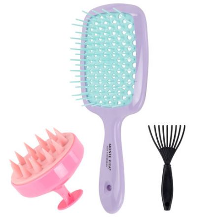 Расческа для волос массажная 20х8,5 см, массажер и щетка для чистки В ПОДАРОК, фиолетовая/мятная, MONTE VITA (МОНТЕ ВИТА), 457431
