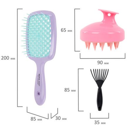 Расческа для волос массажная 20х8,5 см, массажер и щетка для чистки В ПОДАРОК, фиолетовая/мятная, MONTE VITA (МОНТЕ ВИТА), 457431