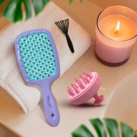 Расческа для волос массажная 20х8,5 см, массажер и щетка для чистки В ПОДАРОК, фиолетовая/мятная, MONTE VITA (МОНТЕ ВИТА), 457431