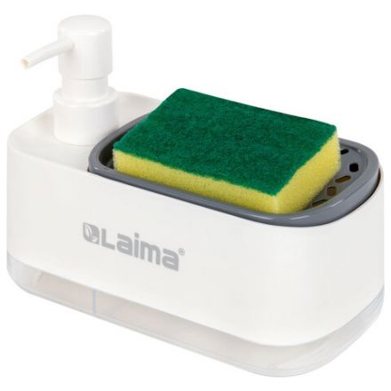 Диспенсер/дозатор DUET для мыла и моющего средства + губка, БЕЛЫЙ, 11х20х12 см, LAIMA HOME, 700043