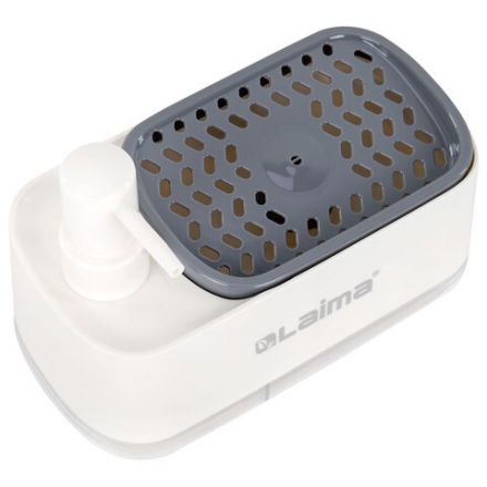 Диспенсер/дозатор DUET для мыла и моющего средства + губка, БЕЛЫЙ, 11х20х12 см, LAIMA HOME, 700043