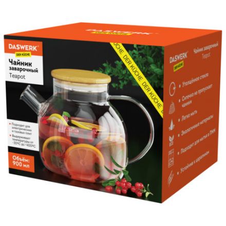 Чайник заварочный 900 мл "Бочонок", жаропрочное стекло, спиральное сито, DASWERK (ДАСВЕРК), 608644