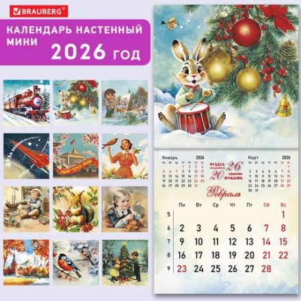 Календарь настенный перекидной 2026 г., BRAUBERG, 12 листов, 21,4х21,4 см, МИНИ, "Советские открытки", 116946