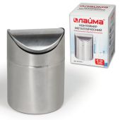 Урна настольная 1,2 литра для мусора с качающейся крышкой, d 12х16,5 см, нержавеющая сталь, LAIMA, 601618 Урна настольная 1,2 литра для мусора с качающейся крышкой, d 12х16,5 см, нержавеющая сталь, LAIMA, 601618