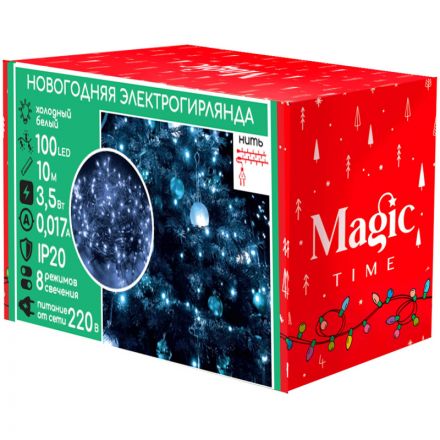Гирлянда светодиодная на 100LED ламп, 1м, 220 B,хол бел,8реж,IP20,92819