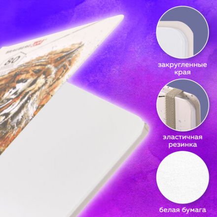 Скетчбук, белая бумага 80 г/м2, 145х203 мм, 80 л., резинка, твердый, BRAUBERG ART DEBUT "Тигр", 114580