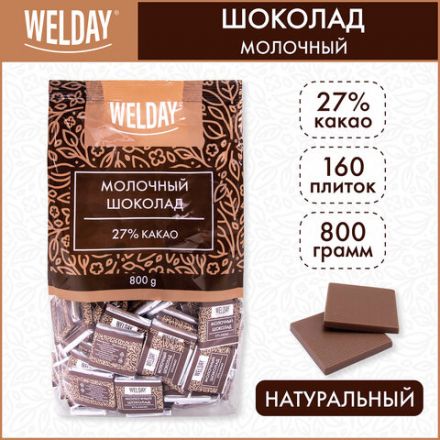 Шоколад порционный высшего качества WELDAY (ВЭЛДЭЙ) "Молочный 27%", 800 г (160 плиток по 5 г), пакет, 622406