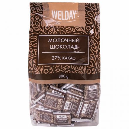 Шоколад порционный высшего качества WELDAY (ВЭЛДЭЙ) "Молочный 27%", 800 г (160 плиток по 5 г), пакет, 622406