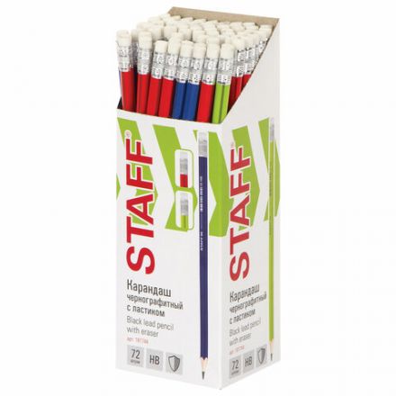 Карандаш чернографитный STAFF "Basic" BLP-744, 1 шт., НВ, с ластиком, пластик, корпус ассорти, 181744 Карандаш чернографитный STAFF "Basic" BLP-744, 1 шт., НВ, с ластиком, пластик, корпус ассорти, 181744
