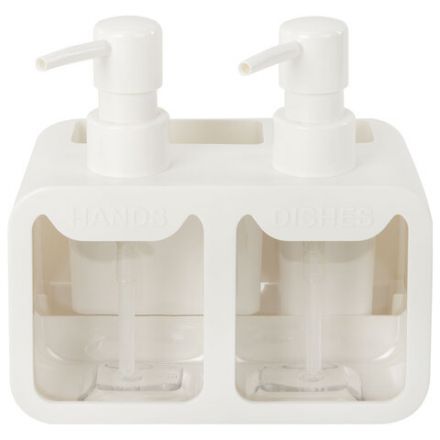 Дозатор DOUBLE для мыла/геля и моющего средства/шампуня, 2х350 мл, органайзер для губок и щеток, БЕЛЫЙ, 10х18х17 см, LAIMA HOME, 700044