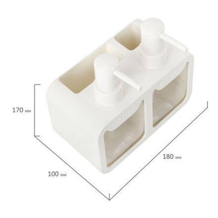Дозатор DOUBLE для мыла/геля и моющего средства/шампуня, 2х350 мл, органайзер для губок и щеток, БЕЛЫЙ, 10х18х17 см, LAIMA HOME, 700044