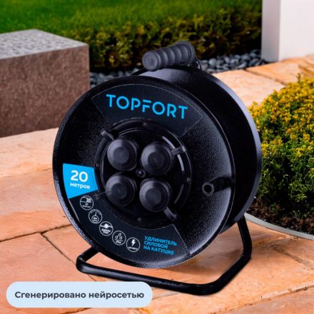 Удлинитель Topfort метал. КГ 3x2,5 кв.мм 20м 16А 4 гнезда с/з.,с/загл.,IP44