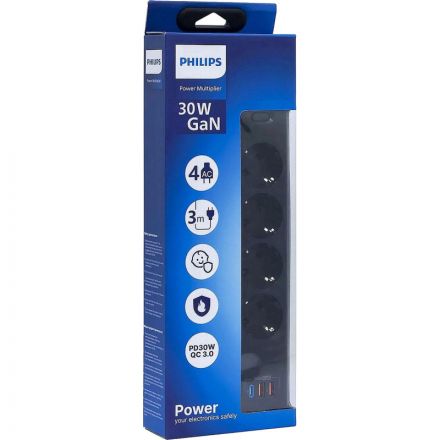 Сетевой фильтр Philips CHP8246BB/51 4р/3м с USB, 10А, черный