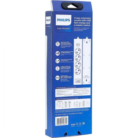 Сетевой фильтр Philips CHP8246BB/51 4р/3м с USB, 10А, черный