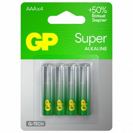 Батарейки КОМПЛЕКТ 4 шт., GP Super G-Tech, AAA (LR03, 24А), алкалиновые, мизинчиковые, блистер, 24A-2