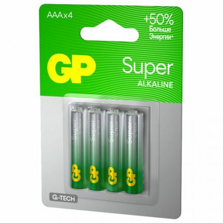 Батарейки КОМПЛЕКТ 4 шт., GP Super G-Tech, AAA (LR03, 24А), алкалиновые, мизинчиковые, блистер, 24A-2