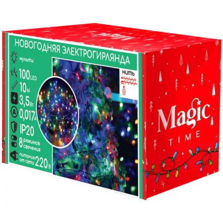 Гирлянда светодиодная 100LED ламп, 1м,  220B, мультицвет,8реж,IP 20,92817