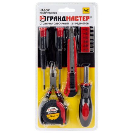 Набор инструментов столярно-слесарный, 12 предметов, блистер, ГРАНДМАСТЕР, 671330