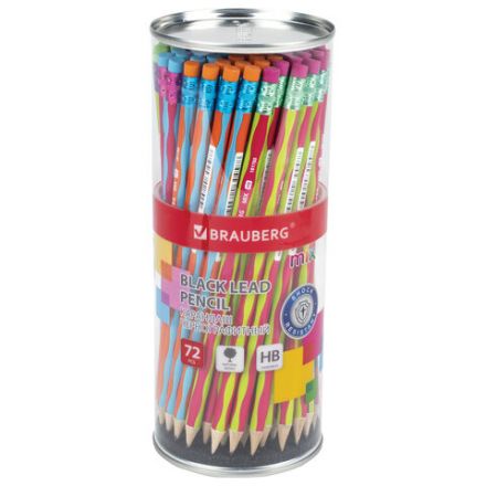 Карандаш чернографитный BRAUBERG "MIX", 1 шт., HB, с ластиком, корпус ассорти, 181760