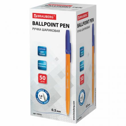 Ручка шариковая BRAUBERG "ORANGE Line", СИНЯЯ, корпус оранжевый, узел 1 мм, линия письма 0,5 мм, 143331