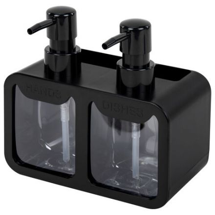 Дозатор DOUBLE для мыла/геля и моющего средства/шампуня, 2х350 мл, органайзер для губок и щеток, ЧЕРНЫЙ, 10х18х17 см, LAIMA HOME, 700045