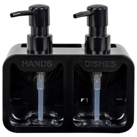 Дозатор DOUBLE для мыла/геля и моющего средства/шампуня, 2х350 мл, органайзер для губок и щеток, ЧЕРНЫЙ, 10х18х17 см, LAIMA HOME, 700045