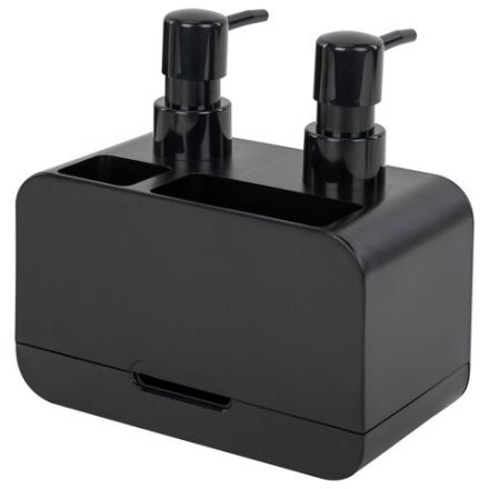 Дозатор DOUBLE для мыла/геля и моющего средства/шампуня, 2х350 мл, органайзер для губок и щеток, ЧЕРНЫЙ, 10х18х17 см, LAIMA HOME, 700045