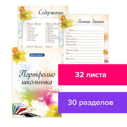 Листы-вкладыши для портфолио ШКОЛЬНИКА, 30 разделов, 32 листа, "Моё портфолио", BRAUBERG, 127550 Листы-вкладыши для портфолио ШКОЛЬНИКА, 30 разделов, 32 листа, "Моё портфолио", BRAUBERG, 127550