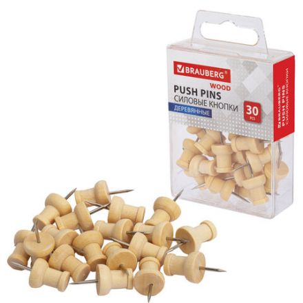 Силовые кнопки-гвоздики BRAUBERG WOOD, деревянные, 30 штук, 10 мм, 272759