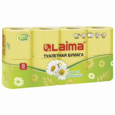 Бумага туалетная бытовая, спайка 8 шт., 2-х слойная, (8х19 м), LAIMA, аромат ромашки, 128721 Бумага туалетная бытовая, спайка 8 шт., 2-х слойная, (8х19 м), LAIMA, аромат ромашки, 128721