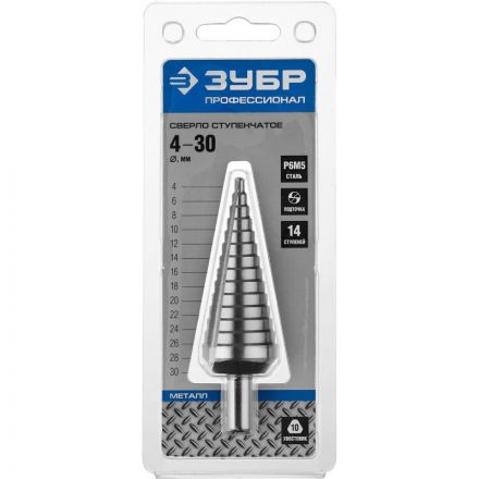 Сверло ступенчатое ЗУБР 4-30мм, 14 ступеней, сталь Р6М5 (29670-4-30-14_z01)