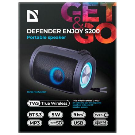 Колонка портативная DEFENDER Enjoy S200, 2.0, 5 Вт, Bluetooth, FM-тюнер, USB, microSD, 1200 мАч, 65200 Колонка портативная DEFENDER Enjoy S200, 2.0, 5 Вт, Bluetooth, FM-тюнер, USB, microSD, 1200 мАч, 65200