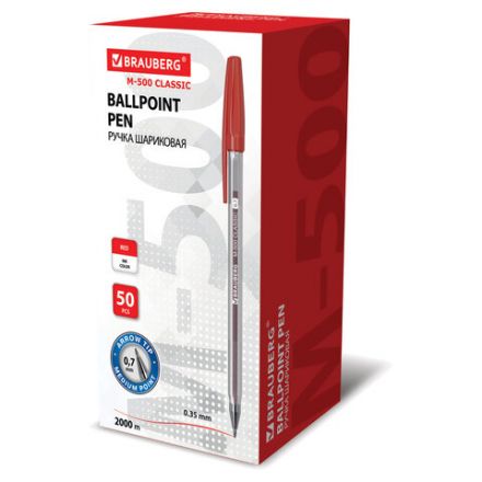 Ручка шариковая BRAUBERG "M-500 CLASSIC", КРАСНАЯ, корпус прозрачный, узел 0,7 мм, линия письма 0,35 мм, 143446