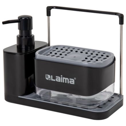 Диспенсер/дозатор DUET+ для мыла и моющего средства + губка, с держателем для тряпки, ЧЕРНЫЙ, 11х22х12 см, LAIMA HOME, 700046