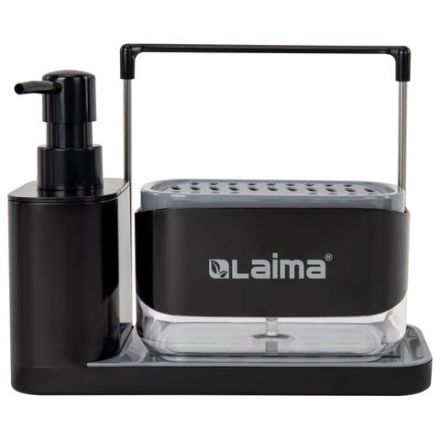 Диспенсер/дозатор DUET+ для мыла и моющего средства + губка, с держателем для тряпки, ЧЕРНЫЙ, 11х22х12 см, LAIMA HOME, 700046