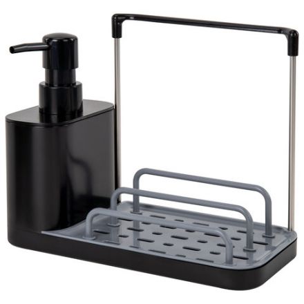 Диспенсер/дозатор DUET+ для мыла и моющего средства + губка, с держателем для тряпки, ЧЕРНЫЙ, 11х22х12 см, LAIMA HOME, 700046