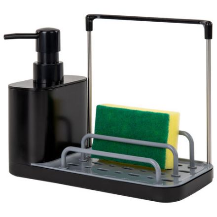Диспенсер/дозатор DUET+ для мыла и моющего средства + губка, с держателем для тряпки, ЧЕРНЫЙ, 11х22х12 см, LAIMA HOME, 700046